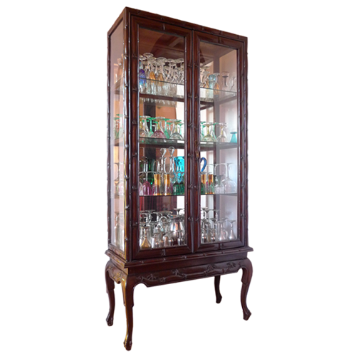 Four shelf Chinese style glass display cabinet with carved bamboo motif and cabriole legs