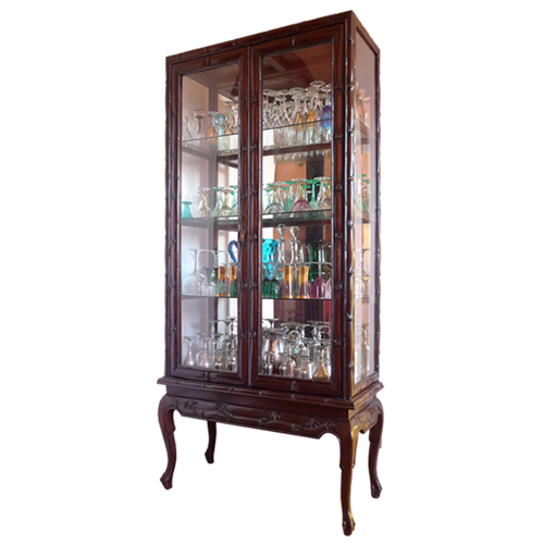 Four shelf Chinese style glass display cabinet with carved bamboo motif and cabriole legs