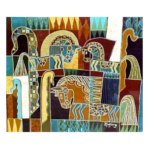 Abstract Batik Tulis painting with horses in green