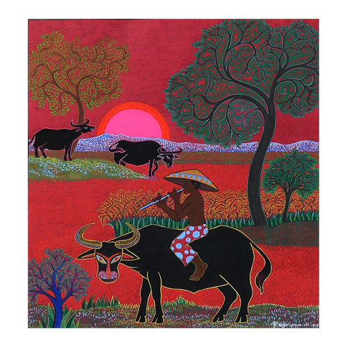 Watercolour of red sun and buffalo in paddy fields