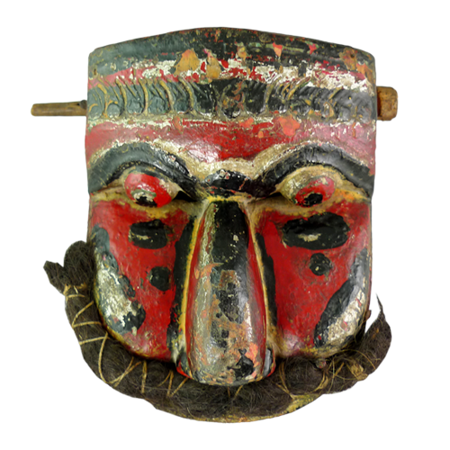 Unusual hinged red clapper mask with rolled mustache
