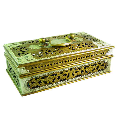 Ornately carved brass and tin lided jewels box