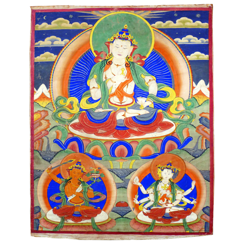 Buddhist tanka depicting Dorje Sempa flanked by Manjusri and Ushnisha