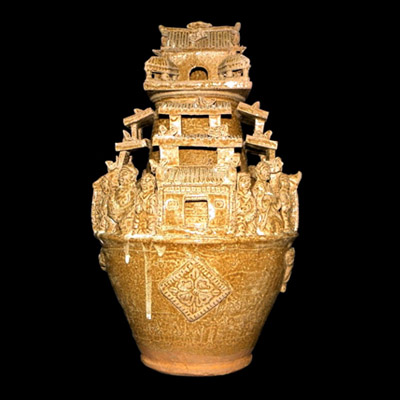 Jin celadon hunping or spirit urn moulded with human figures birds and architecture
