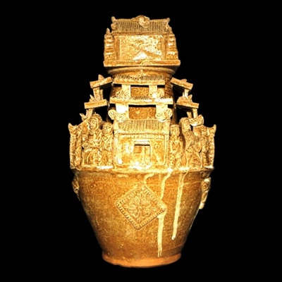 Jin celadon hunping or spirit urn moulded with human figures birds and architecture