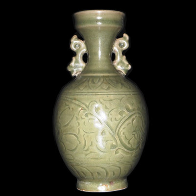 Song celadon vase with incised designs to body and handles