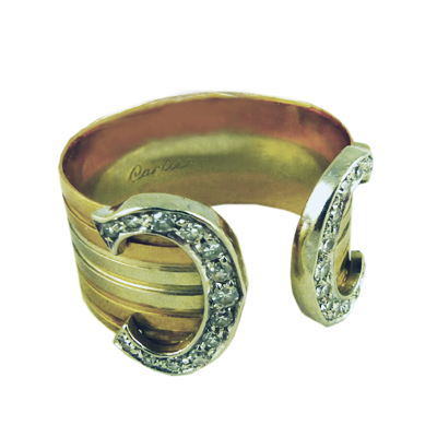 Cartier 3 colour double "C" 18kt gold and diamond ring c.1980