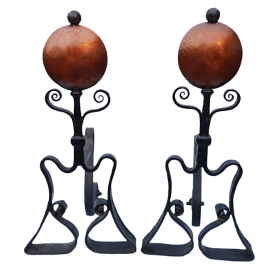 Pair of Art Nouveaux copper and forged iron fire dogs