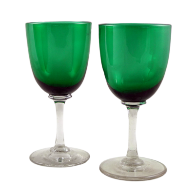 Pair of Victorian Bristol Green hand made wine glasses