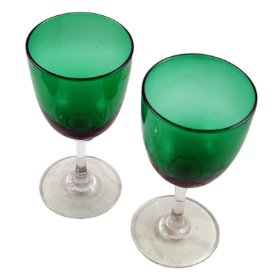 Pair of Victorian Bristol Green hand made wine glasses