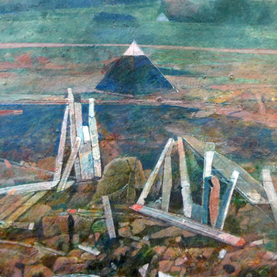 Minature abstract painting depicting a pyramid
