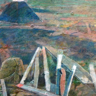 Minature abstract painting depicting a pyramid