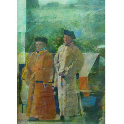 Minature abstract painting of two Chinese geomancers or mandarins