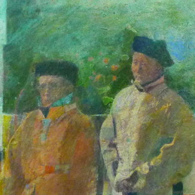 Minature abstract painting of two Chinese geomancers or mandarins