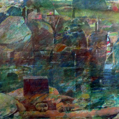 Minature abstract painting of a garden overlooked by a complex of trees and factories