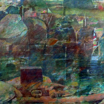 Minature abstract painting of a garden with pool