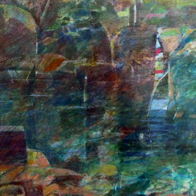Minature abstract painting of a garden overlooked by a complex of trees and factories