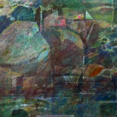 Minature abstract painting of a garden overlooked by a complex of trees and factories