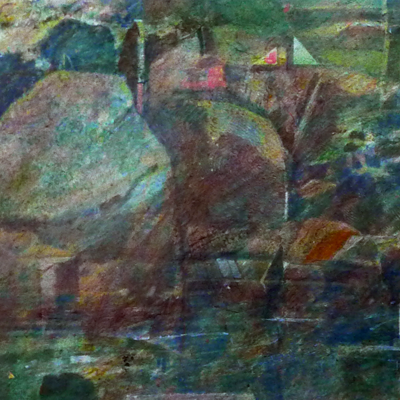 Minature abstract painting of a garden with pool