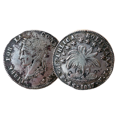 Bolivian 4 Soles silver coin dated 1857