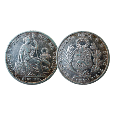 Peruvian 1/5 Sol silver coin dated 1888