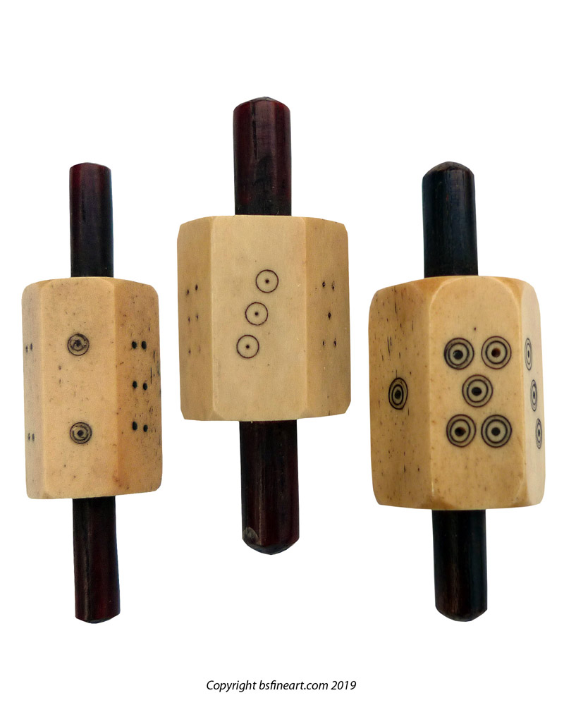 Set of three Batak Karo ivory spinning dice
