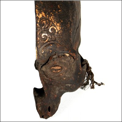 Dayak human trophy half skull with carved cranium and eyes set with pitch